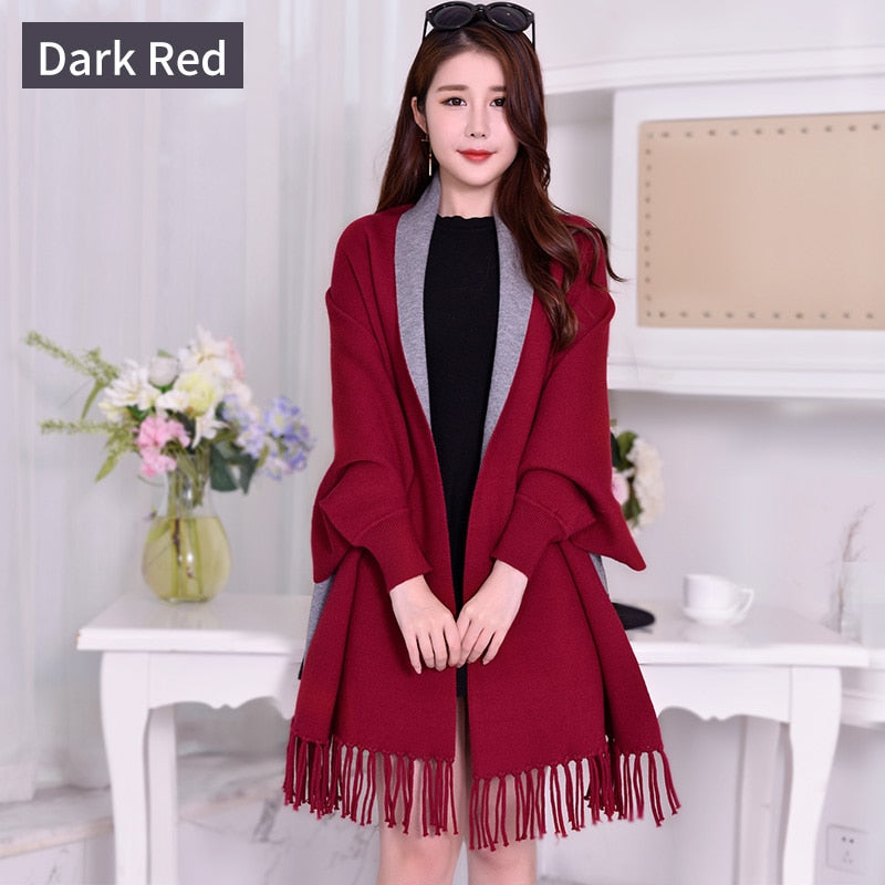 Women Winter Poncho with Sleeve Shawls and Wraps Pashmina Red Thicken Scarf Stoles Femme Hiver Warm Reversible Ponchos and Capes