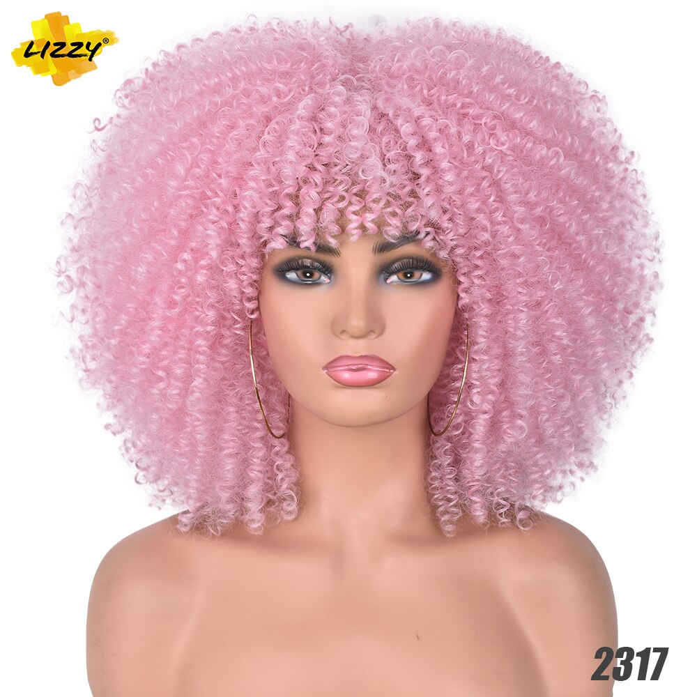 Short Afro Kinky Curly Wigs With Bangs For Black Women Blonde Mixed Brown Synthetic Cosplay African Wigs Heat Resistant Lizzy