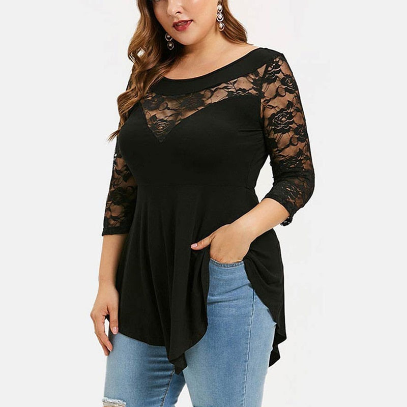 Plus Size 5XL Floral Lace Hollow Out Sexy Tunic Blouse Shirt Women Spring Autumn Big Size Tops Ruffles Irregular Blusas