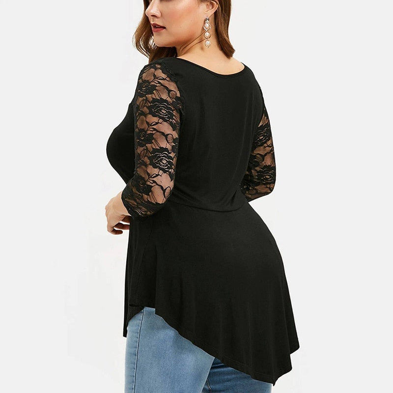 Plus Size 5XL Floral Lace Hollow Out Sexy Tunic Blouse Shirt Women Spring Autumn Big Size Tops Ruffles Irregular Blusas