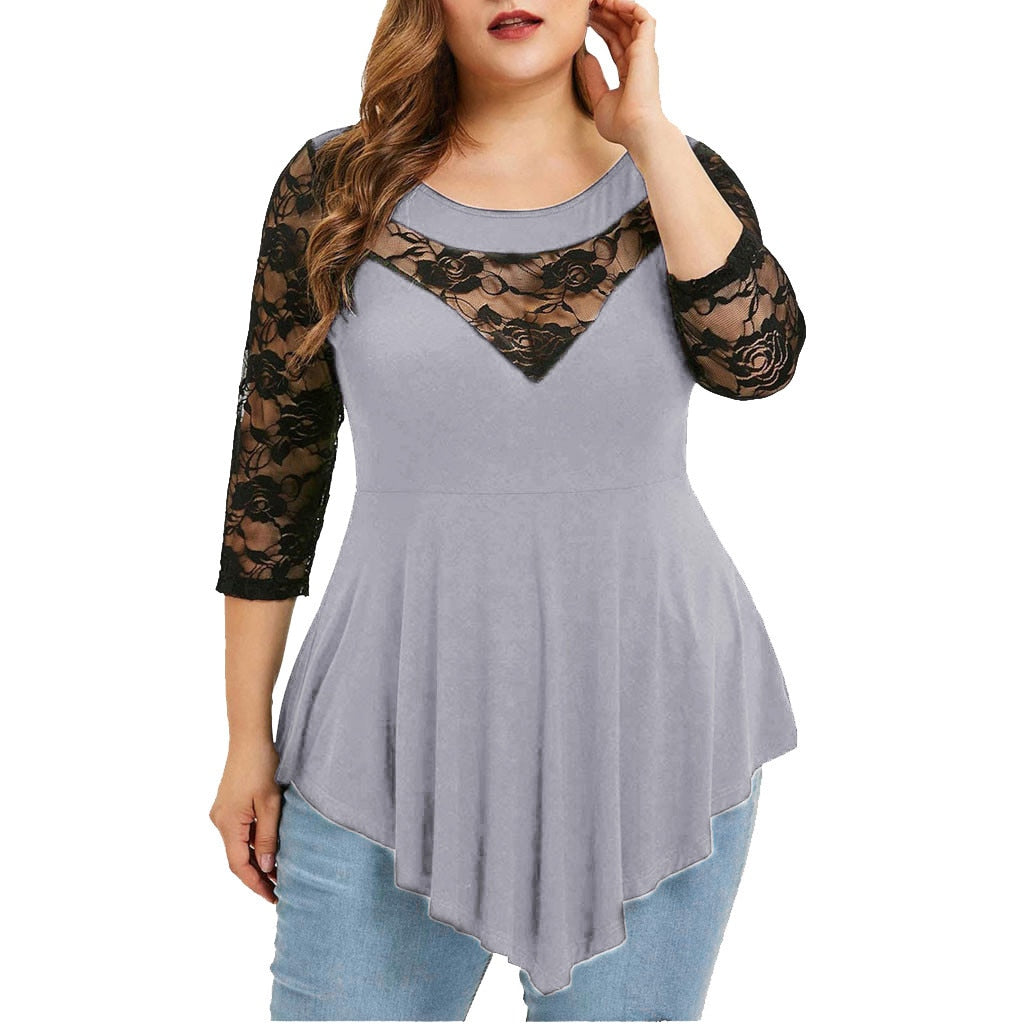 Plus Size 5XL Floral Lace Hollow Out Sexy Tunic Blouse Shirt Women Spring Autumn Big Size Tops Ruffles Irregular Blusas