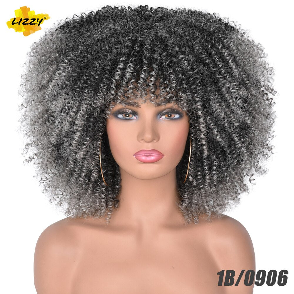 Short Afro Kinky Curly Wigs With Bangs For Black Women Blonde Mixed Brown Synthetic Cosplay African Wigs Heat Resistant Lizzy