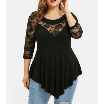 Plus Size 5XL Floral Lace Hollow Out Sexy Tunic Blouse Shirt Women Spring Autumn Big Size Tops Ruffles Irregular Blusas