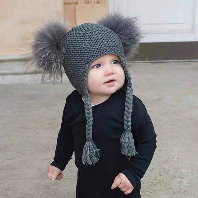 New Autumn Winter Baby Kids Beanie 15 CM Real Fur Pompom Hat For Children Warm Wool Knitted Earflap Cap