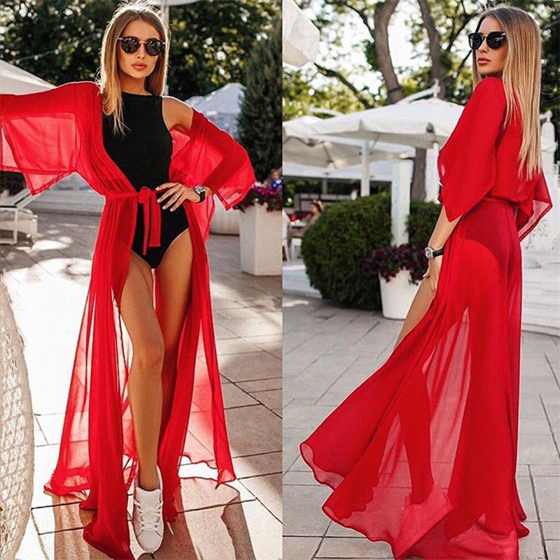 Summer Lady Beach Cover Up Sexy Bikini 2022 Chiffon Long Dress For Women Solid Beach Dress Women Bathing Suit Beach Tunic Kaftan