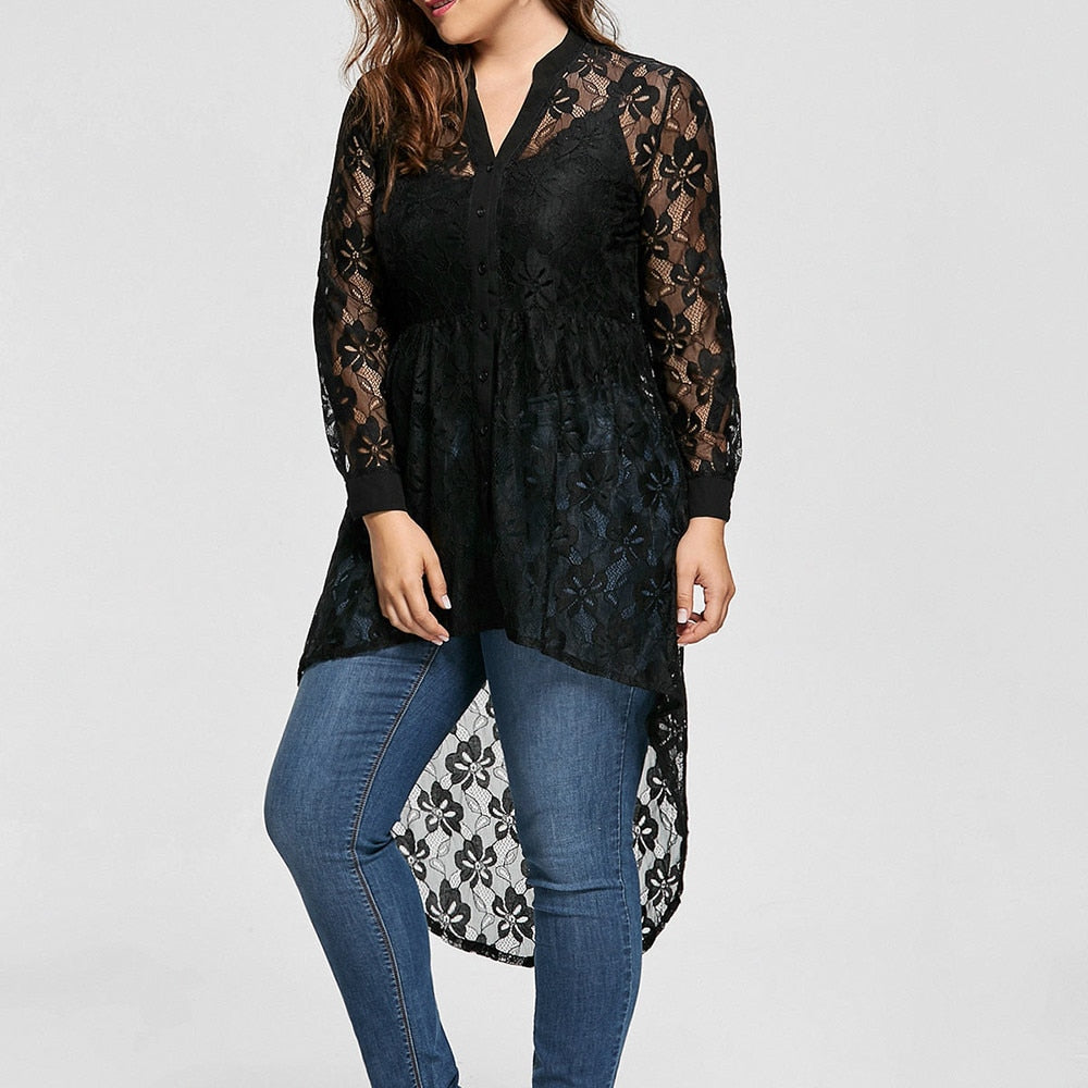 Elegant Lace Tops Women Ladies Plus Size Blouse Long Sleeve Lace Shirt Perspective Button Up Female Large Tops Womens Clothing