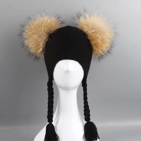 New Autumn Winter Baby Kids Beanie 15 CM Real Fur Pompom Hat For Children Warm Wool Knitted Earflap Cap