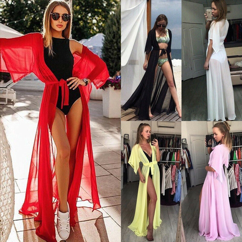 Summer Lady Beach Cover Up Sexy Bikini 2022 Chiffon Long Dress For Women Solid Beach Dress Women Bathing Suit Beach Tunic Kaftan