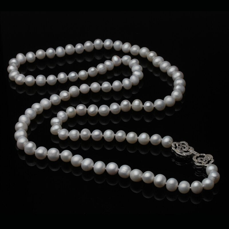 Trendy Real Natural Long Pearl Necklace Women,Wedding White Freshwater Round Pearl Necklace Party Gift