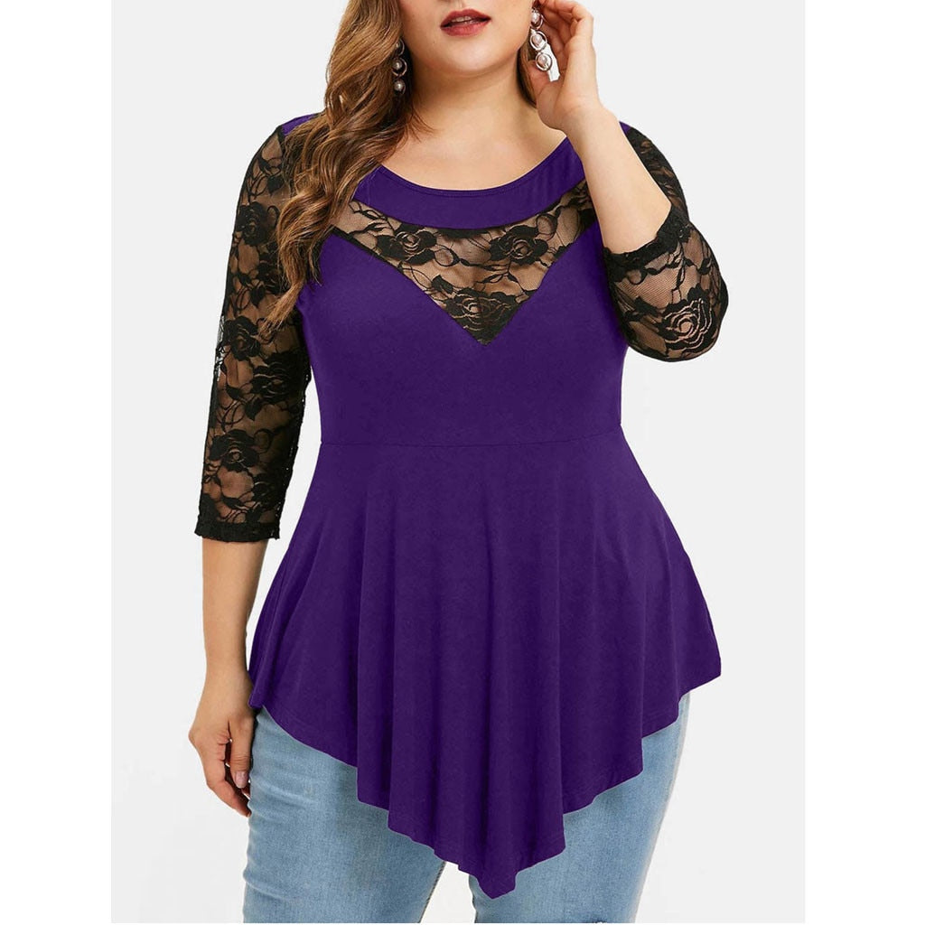 Plus Size 5XL Floral Lace Hollow Out Sexy Tunic Blouse Shirt Women Spring Autumn Big Size Tops Ruffles Irregular Blusas