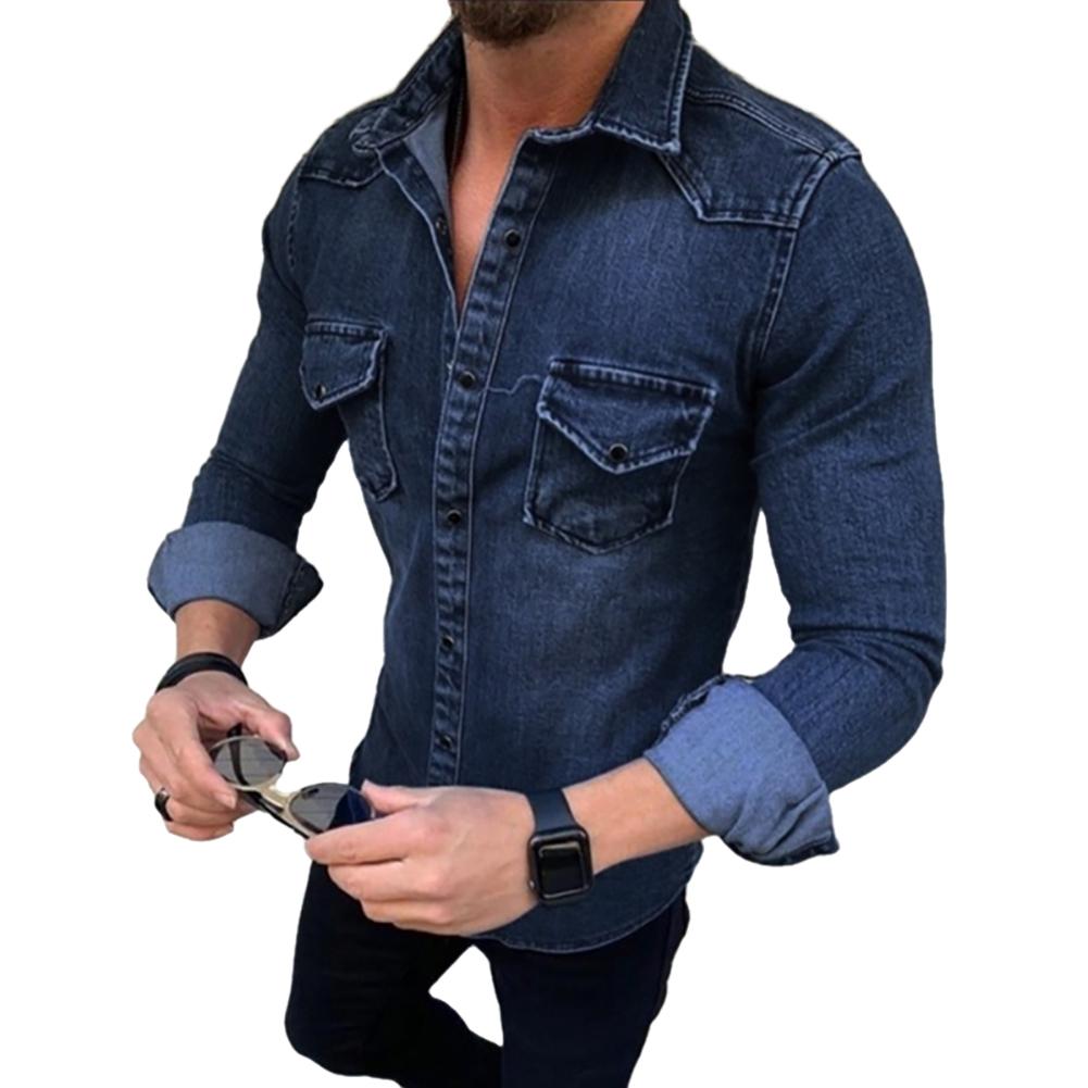 Spring Autumn Mens Jeans Shirt Long Sleeve Denim Shirts for Men Soft Cotton Two Pockets Slim Elastic Denim Shirts chemise homme