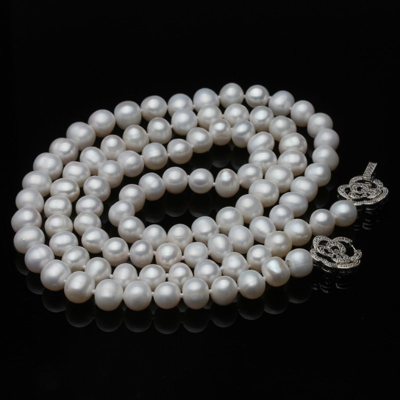 Trendy Real Natural Long Pearl Necklace Women,Wedding White Freshwater Round Pearl Necklace Party Gift