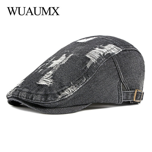 Wuaumx Unisex Retro Casual Mens Hats Spring Summer Denim Berets Hat Women Washed Cotton Duckbill Visors Herringbone Flat Caps