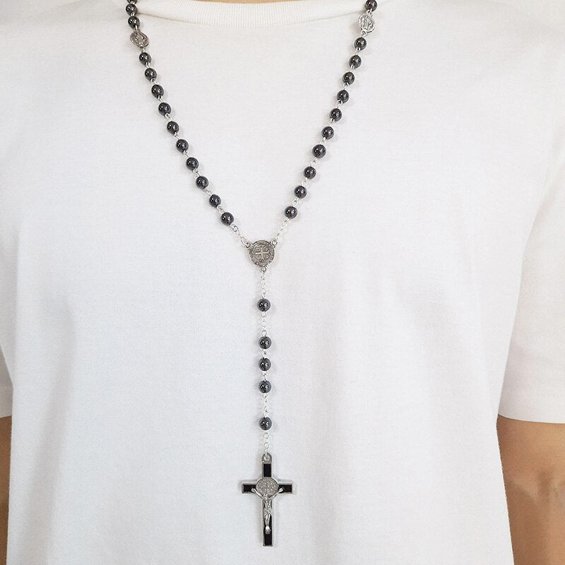 Rosary Beads Sweater Chain Necklace Catholic Cross Pendant For Women Men Rosaries Jewelry