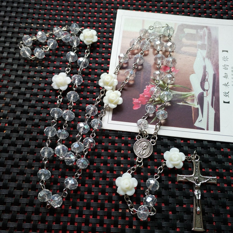 QIGO Pink Rose Crystal Rosary Necklace Catholic Vintage Cross Pendant Long Necklace Religious Jewelry