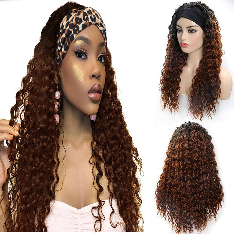 GURUILAGU Deep Wave Headband Wig Heat Resistant Fiber Synthetic Wig Black/613/4/27/99J Blonde Wig Synthetic Hair Wigs For Women