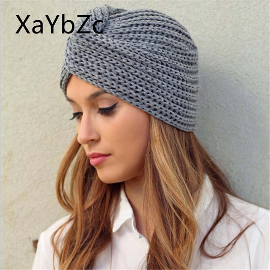 Women&#39;s Knitted Turban Hat Bohemia Cashmere Cross Wrap Head Lndian  Wool   Bonnet Turbante Cap