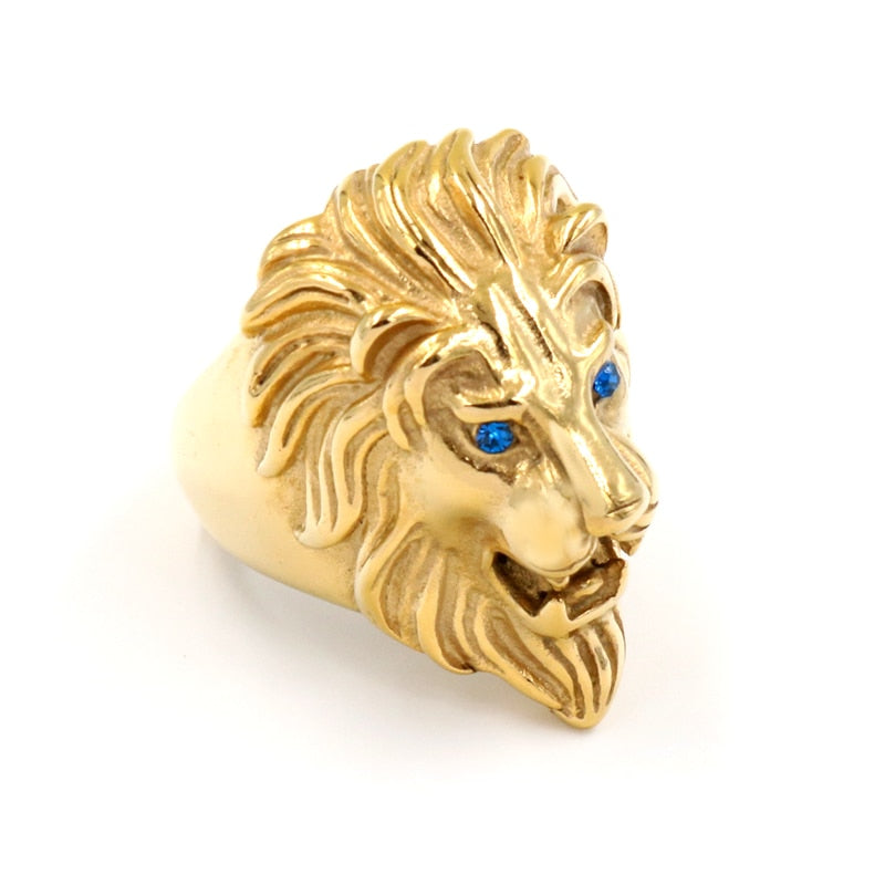 Bague Chevalière or acier Tête de Lion yeux saphir United States Stainless Steel Gold Rings Men &#39;s Jewelry Wholesale Domineering Titanium Lion Head