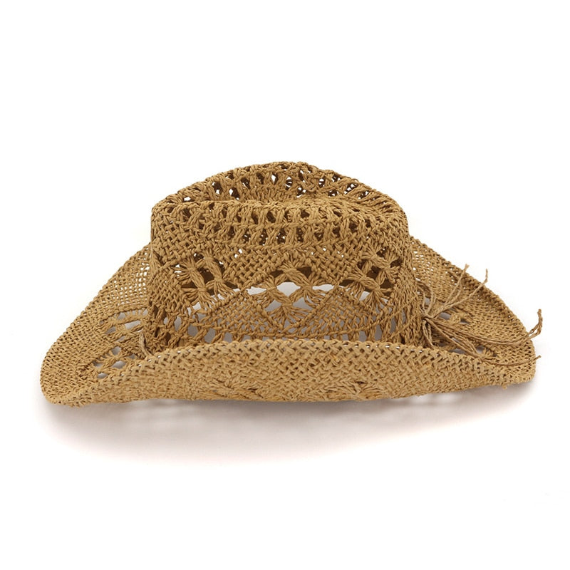 Summer Outdoor Men Women Hand-woven Western Cowboy Straw Hats Wide Brim Breathable Beach Jazz Cap Sun Protection Hat