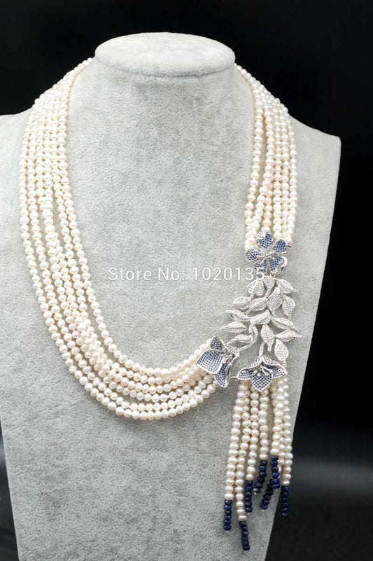 one set 6rows freshwater pearl white near round and blue jasper and blue zircon flower necklace earrings  amazing gift  FPPJ