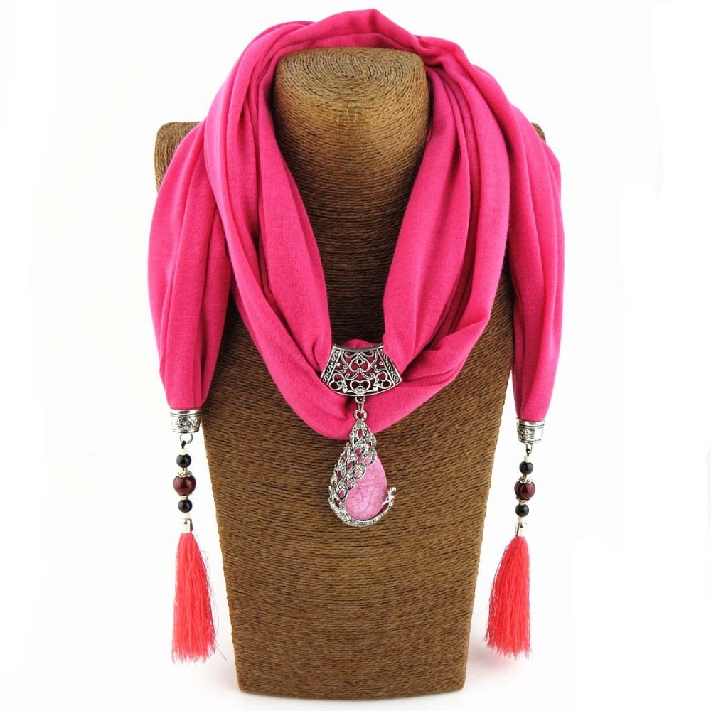 women Scarf Pendant Necklace Nature Stone pendant necklace Fringe tassel Scarf Jewelry With beads Ethnic Jewelry