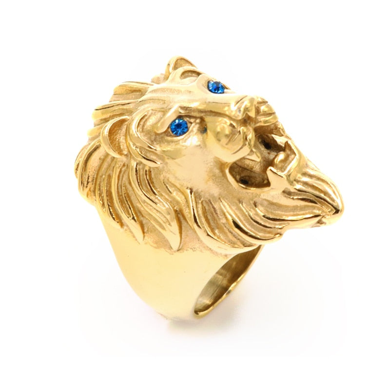 Bague Chevalière or acier Tête de Lion yeux saphir United States Stainless Steel Gold Rings Men &#39;s Jewelry Wholesale Domineering Titanium Lion Head