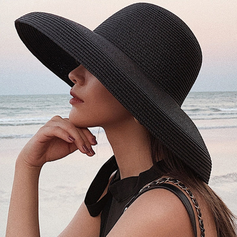 HT2303 2023 New Summer Sun Hats Ladies Solid Plain Elegant Wide Brim Hat Female Round Top Panama Floppy Straw Beach Hat Women