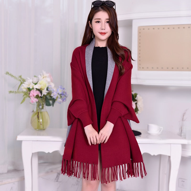 Women Winter Poncho with Sleeve Shawls and Wraps Pashmina Red Thicken Scarf Stoles Femme Hiver Warm Reversible Ponchos and Capes