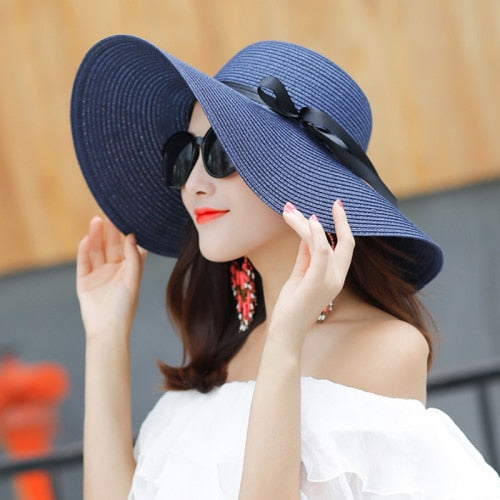 HT1679 New Fashion Straw Hat Female Wide Brim Sun Hat Ladies Solid Black Ribbon Bow Floppy Beach Hat Women Packable Summer Hat