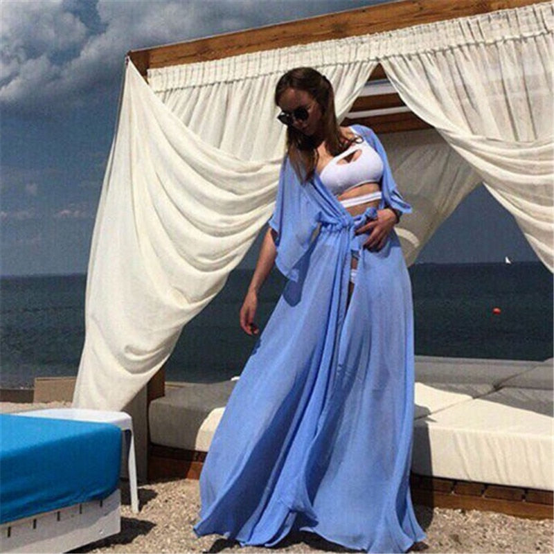 Summer Lady Beach Cover Up Sexy Bikini 2022 Chiffon Long Dress For Women Solid Beach Dress Women Bathing Suit Beach Tunic Kaftan