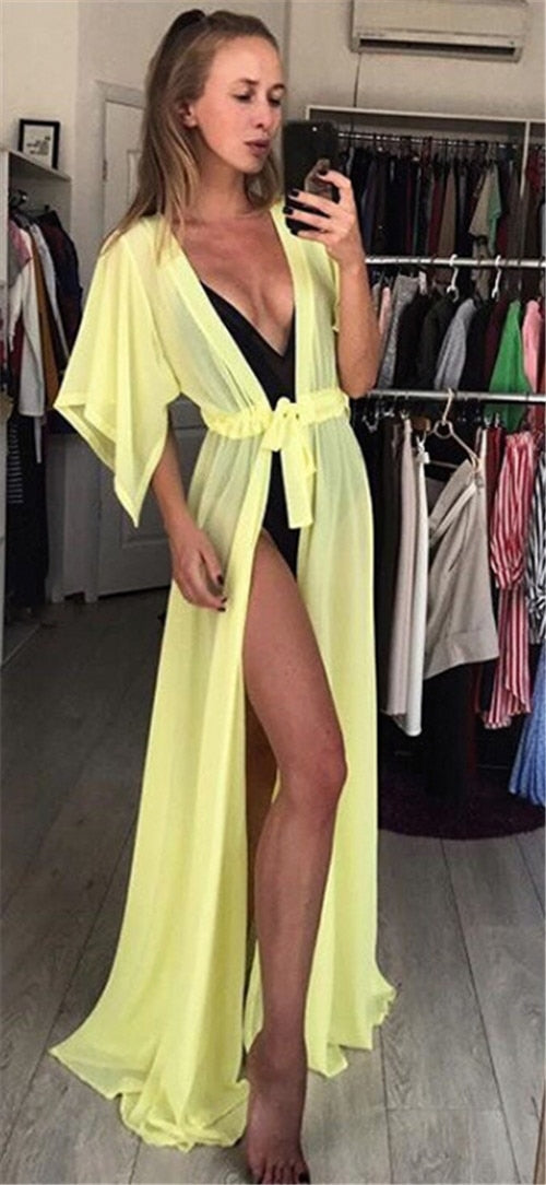 Summer Lady Beach Cover Up Sexy Bikini 2022 Chiffon Long Dress For Women Solid Beach Dress Women Bathing Suit Beach Tunic Kaftan