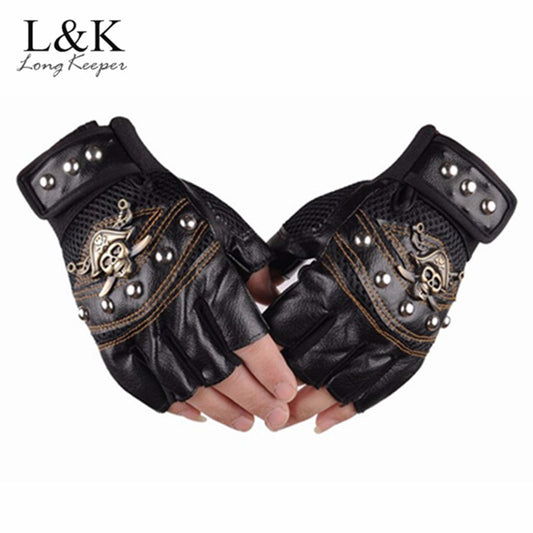 Long Keeper Skulls Rivet PU Leather Fingerless Gloves Men Women Fashion Hip Hop Women's Gym Gloves Half Finger Men's Gloves