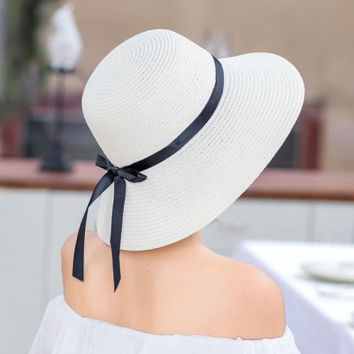 HT1679 New Fashion Straw Hat Female Wide Brim Sun Hat Ladies Solid Black Ribbon Bow Floppy Beach Hat Women Packable Summer Hat