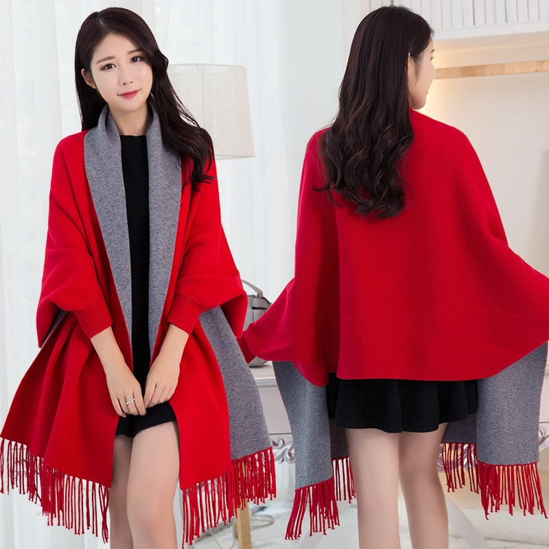 Women Winter Poncho with Sleeve Shawls and Wraps Pashmina Red Thicken Scarf Stoles Femme Hiver Warm Reversible Ponchos and Capes