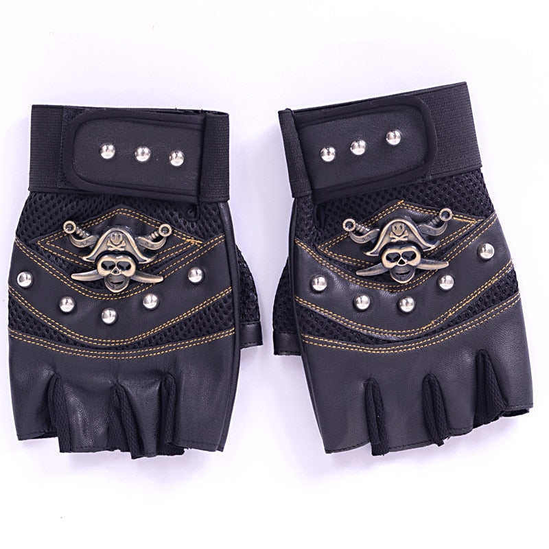 Long Keeper Skulls Rivet PU Leather Fingerless Gloves Men Women Fashion Hip Hop Women's Gym Gloves Half Finger Men's Gloves