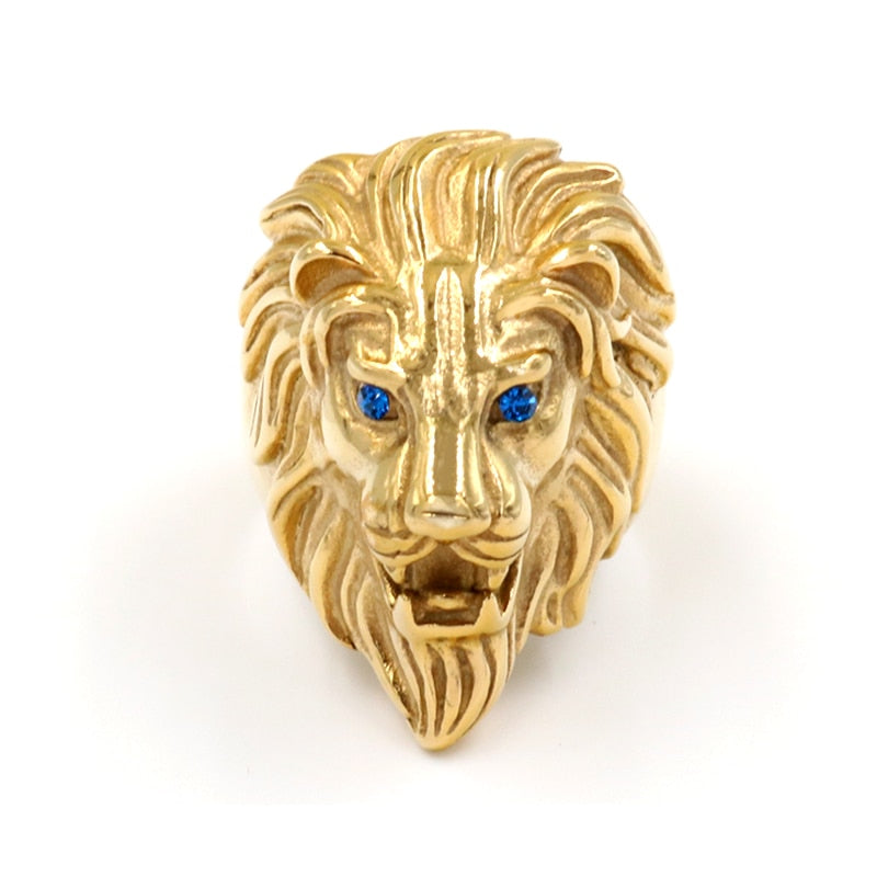 Bague Chevalière or acier Tête de Lion yeux saphir United States Stainless Steel Gold Rings Men &#39;s Jewelry Wholesale Domineering Titanium Lion Head