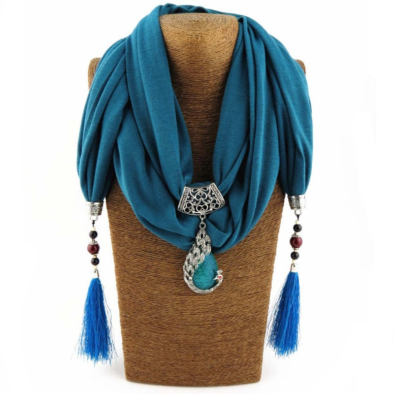 women Scarf Pendant Necklace Nature Stone pendant necklace Fringe tassel Scarf Jewelry With beads Ethnic Jewelry