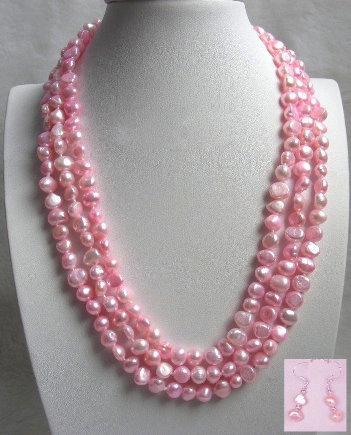 genuine 100% natural 3row red Natural pearl necklace earring