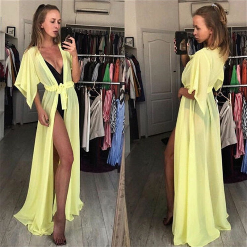 Summer Lady Beach Cover Up Sexy Bikini 2022 Chiffon Long Dress For Women Solid Beach Dress Women Bathing Suit Beach Tunic Kaftan