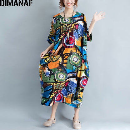 DIMANAF Women Dress Oversize Summer Pattern Print Linen Colorful Female Loose Batwing Casual Retro Vintage Large Size Dresses