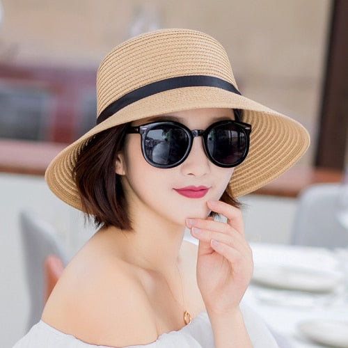 HT1679 New Fashion Straw Hat Female Wide Brim Sun Hat Ladies Solid Black Ribbon Bow Floppy Beach Hat Women Packable Summer Hat