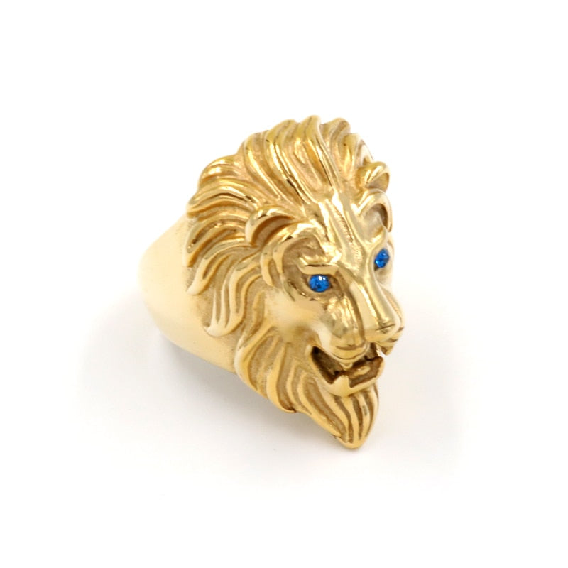 Bague Chevalière or acier Tête de Lion yeux saphir United States Stainless Steel Gold Rings Men &#39;s Jewelry Wholesale Domineering Titanium Lion Head