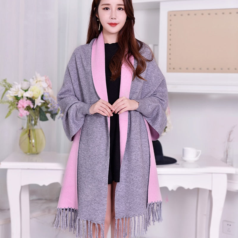 Women Winter Poncho with Sleeve Shawls and Wraps Pashmina Red Thicken Scarf Stoles Femme Hiver Warm Reversible Ponchos and Capes