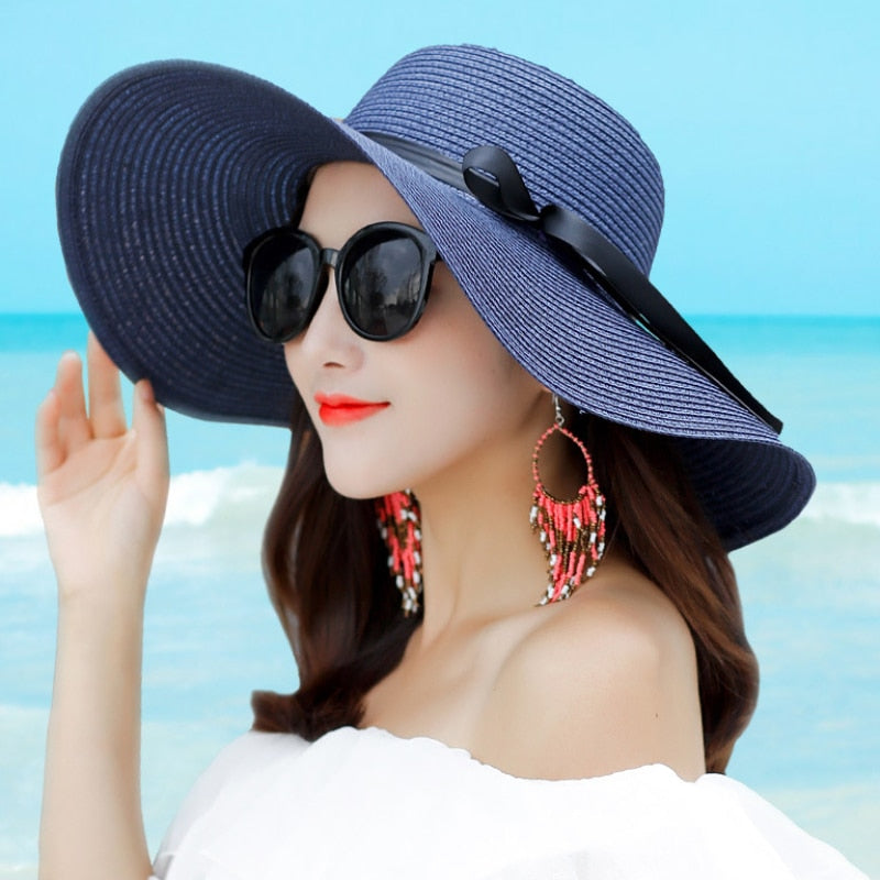 HT1679 New Fashion Straw Hat Female Wide Brim Sun Hat Ladies Solid Black Ribbon Bow Floppy Beach Hat Women Packable Summer Hat