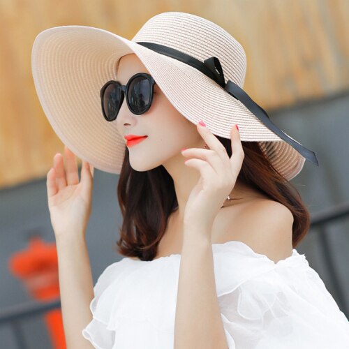 HT1679 New Fashion Straw Hat Female Wide Brim Sun Hat Ladies Solid Black Ribbon Bow Floppy Beach Hat Women Packable Summer Hat