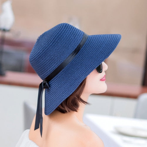 HT1679 New Fashion Straw Hat Female Wide Brim Sun Hat Ladies Solid Black Ribbon Bow Floppy Beach Hat Women Packable Summer Hat