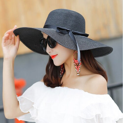 HT1679 New Fashion Straw Hat Female Wide Brim Sun Hat Ladies Solid Black Ribbon Bow Floppy Beach Hat Women Packable Summer Hat