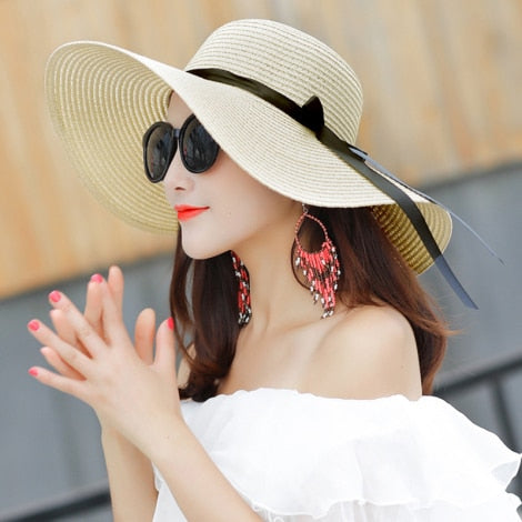 HT1679 New Fashion Straw Hat Female Wide Brim Sun Hat Ladies Solid Black Ribbon Bow Floppy Beach Hat Women Packable Summer Hat