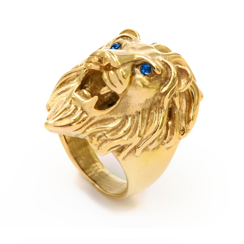 Bague Chevalière or acier Tête de Lion yeux saphir United States Stainless Steel Gold Rings Men &#39;s Jewelry Wholesale Domineering Titanium Lion Head