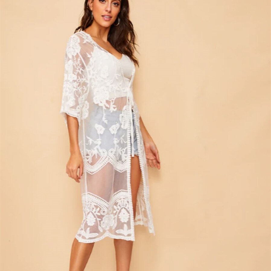 Sexy Women Beach Long Blouse Floral Sheer Lace Summer Cardigan Long Kimono Kaftan White Lace Long Maxi Wrap Top